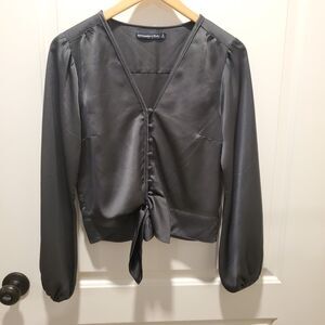 Abercrombie Fitch Tie Front Button Down Blouse Top Gray Satin Puff Waist Shirt S
